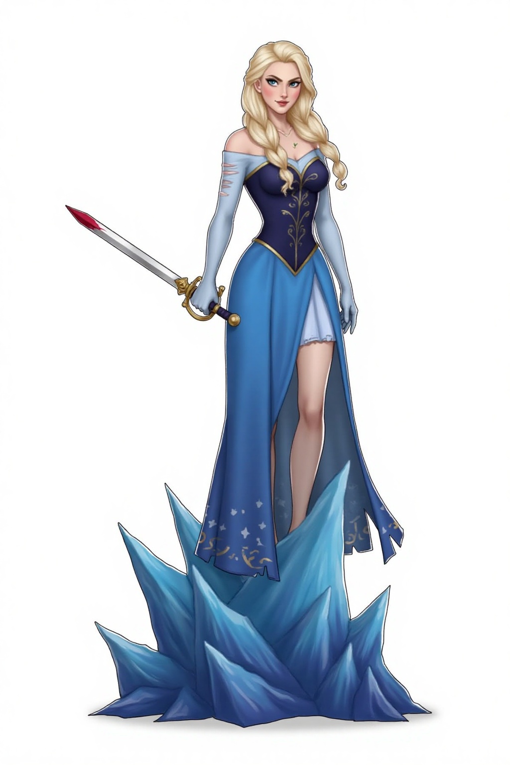 Pqtatochip_style,  A cartoon drawing of a blonde woman in a blue dress. She is standing on top of a blue mountain. The wom...