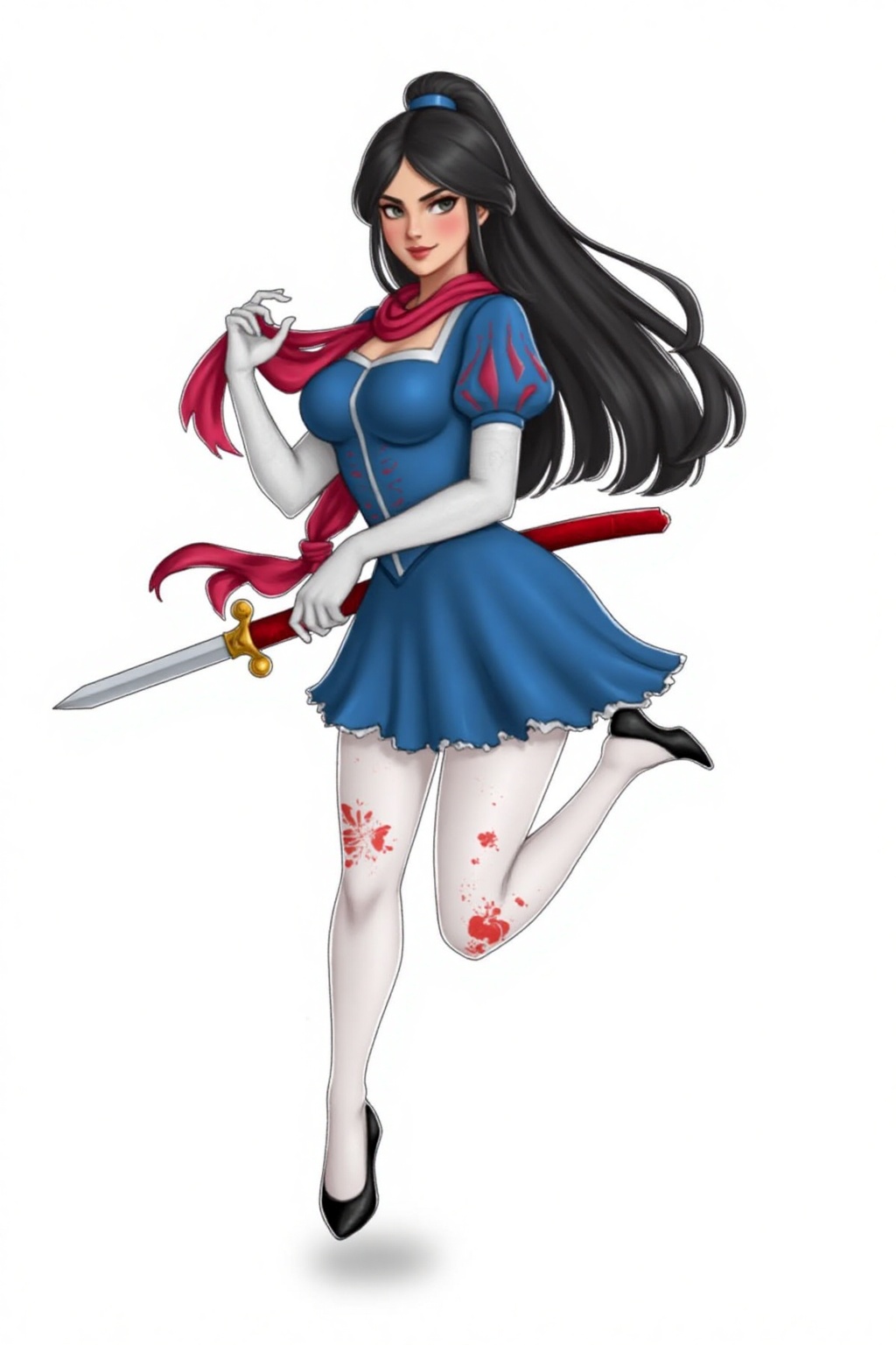 Pqtatochip_style A cartoon drawing of a woman with long black hair a blue dress and black shoes. She is holding a red swor...