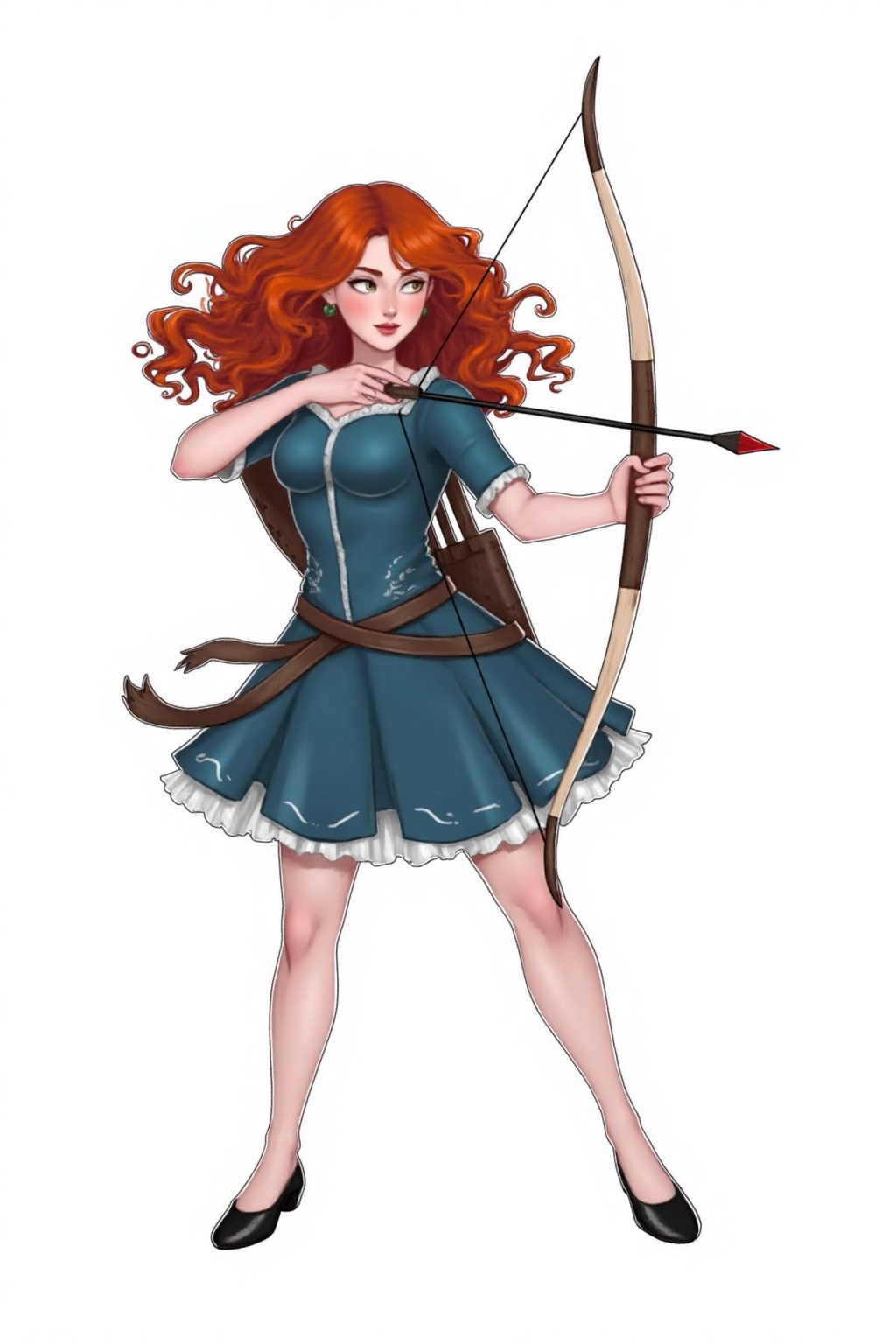 Pqtatochip_style,  A cartoon drawing of a red haired woman with a bow and arrow in her hands. She is wearing a blue dress...