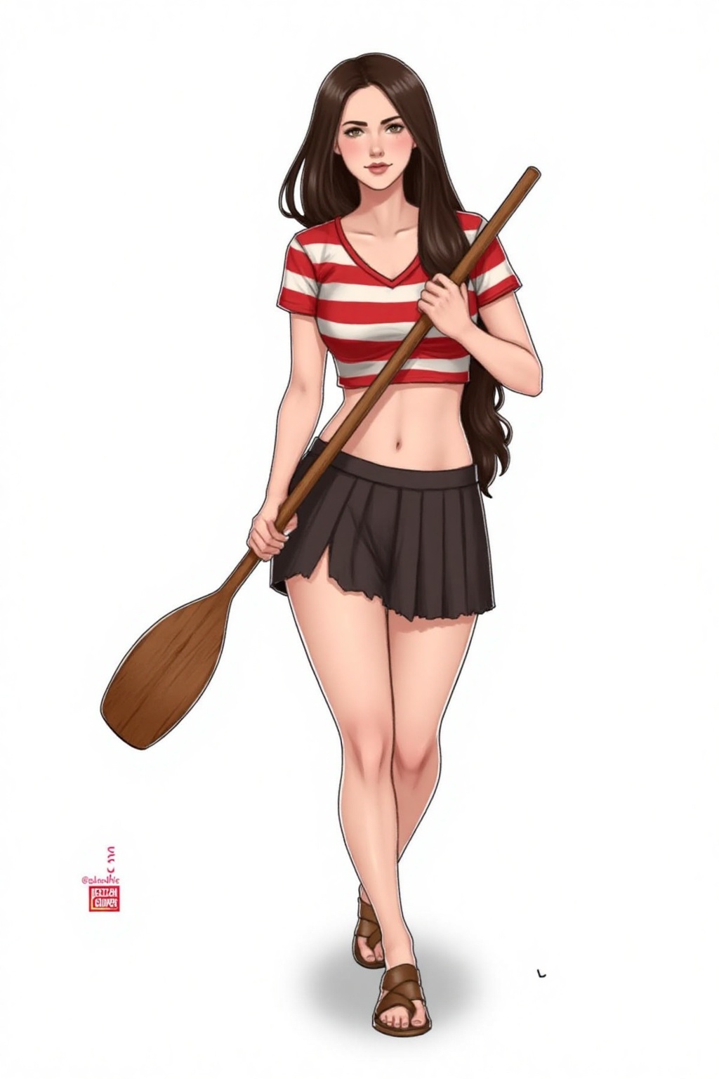 Pqtatochip_style,  A cartoon drawing of a woman with long dark brown hair is standing on a white surface. The woman is wea...