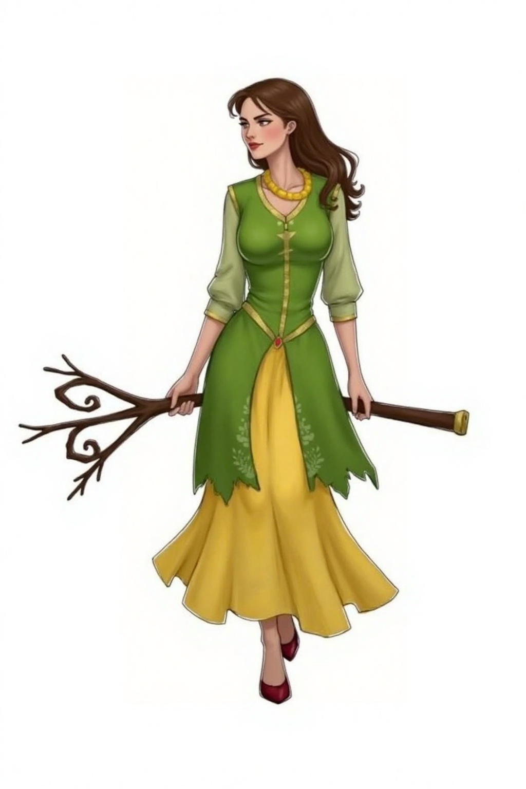 Pqtatochip_style,  A cartoon drawing of a woman in a green dress with a yellow skirt. The woman has long brown hair and is...