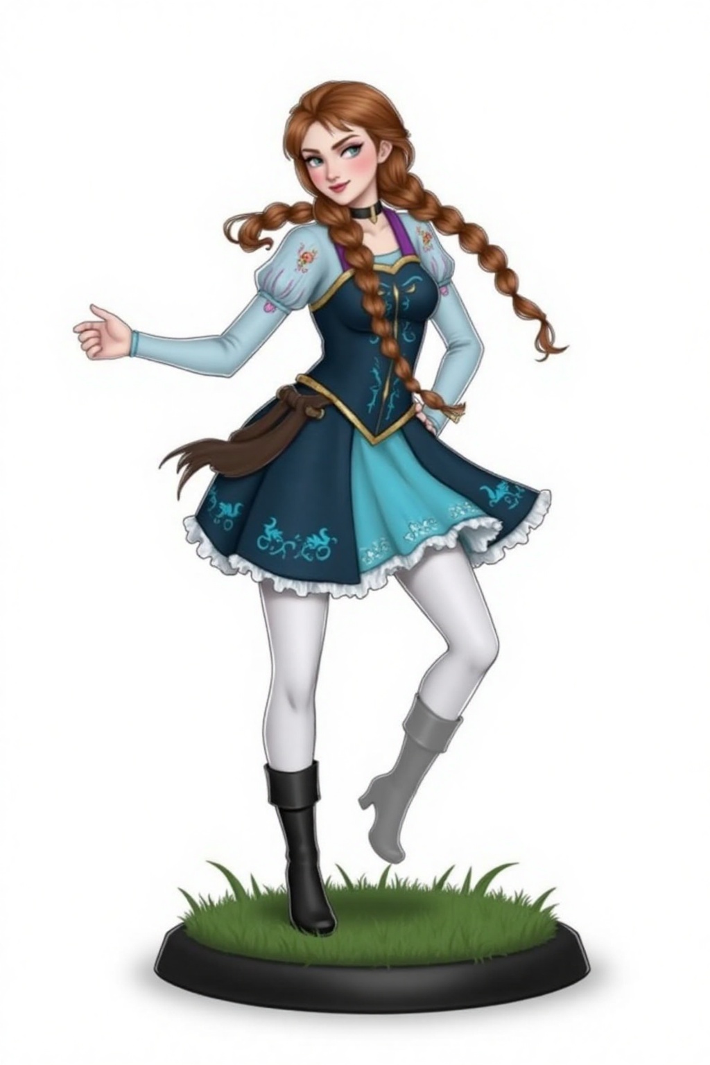 Pqtatochip_style,  A cartoon drawing of a girl with long brown hair,  a blue dress and black boots. The girl is standing o...