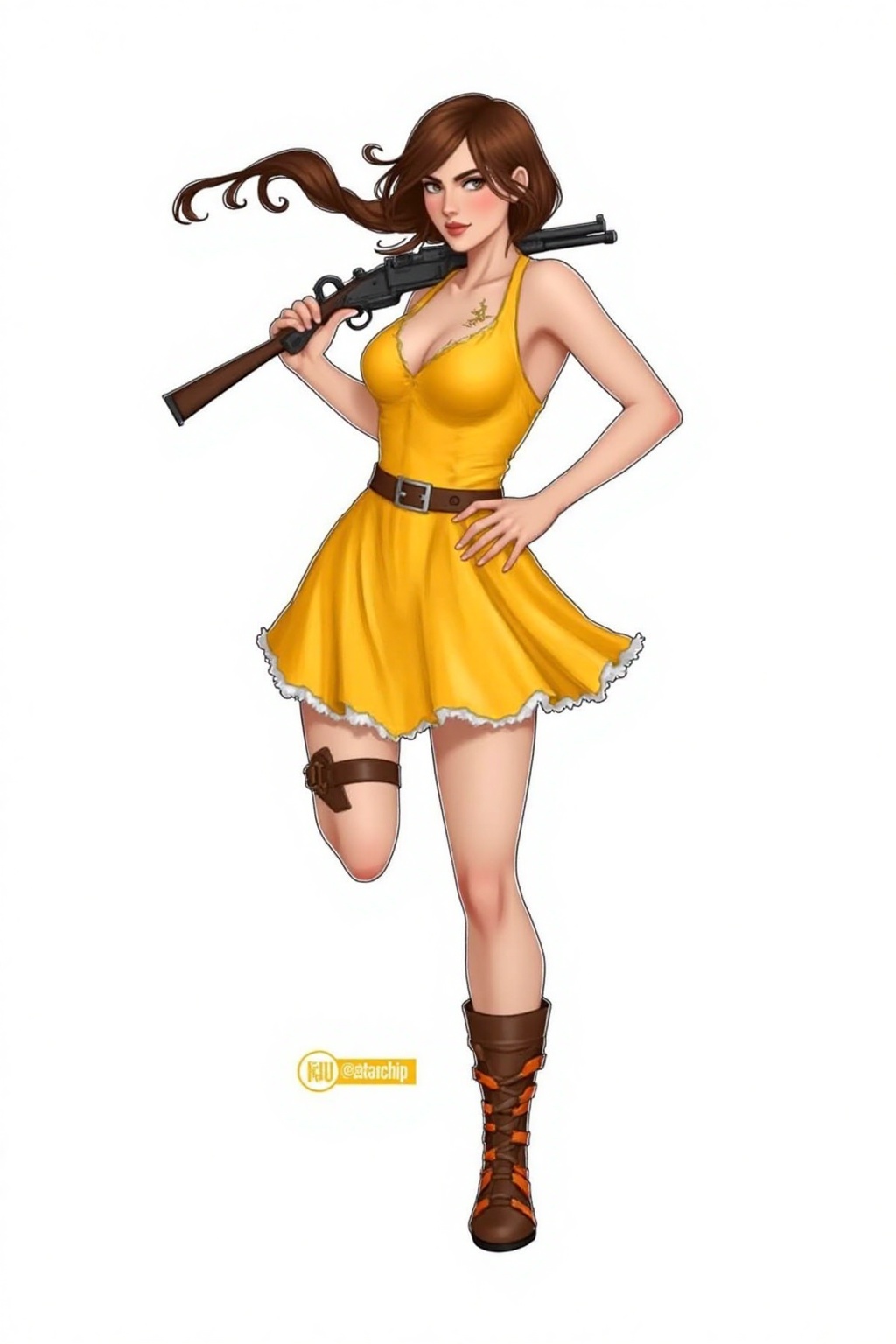 Pqtatochip_style,  A cartoon drawing of a woman in a yellow dress with long brown hair. The woman is holding a black gun i...