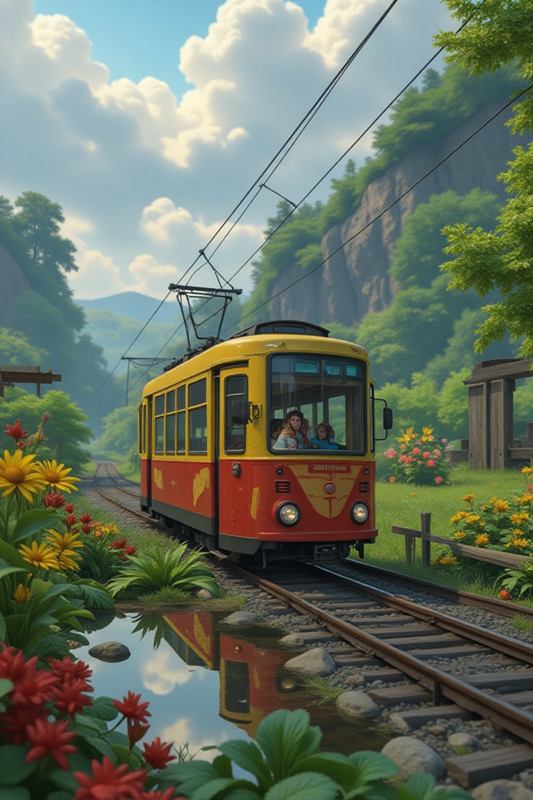 3d glassy CableCar,  background,  a lot of sunfloweers and plants around the set on Tensor.Art