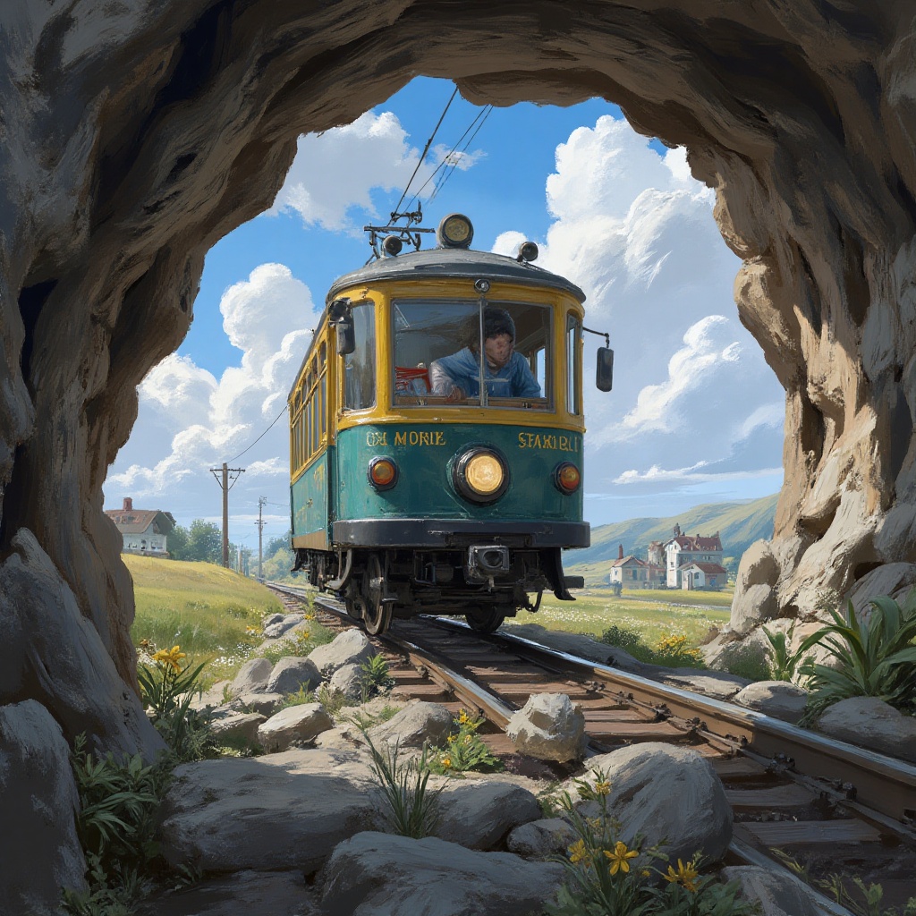 Very realistic CableCar running out from inside of a big eyeball on Tensor.Art