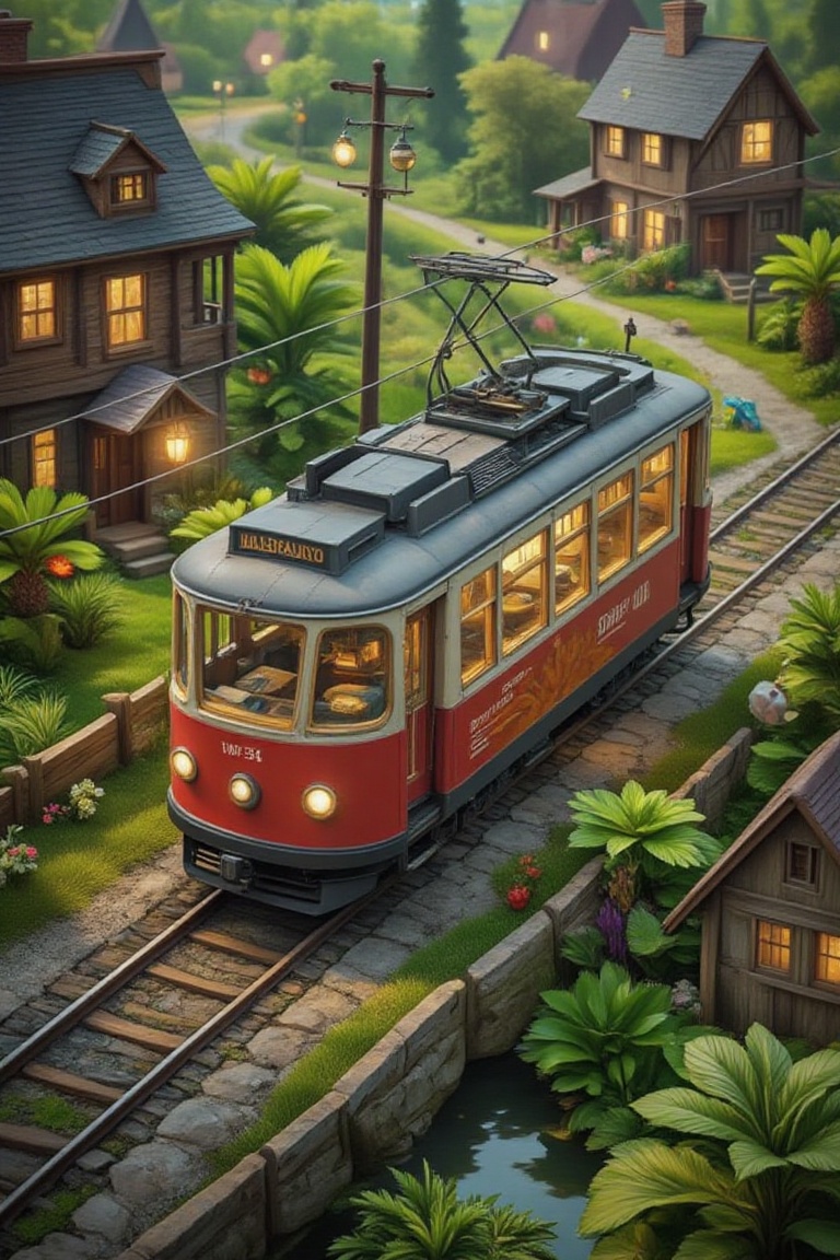 3d glassy CableCar,  background,  a lot of sunfloweers and plants around the set on Tensor.Art