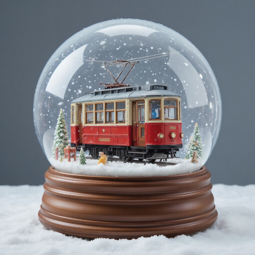 A photorealistic CableCar inside of a snowglobe on Tensor.Art