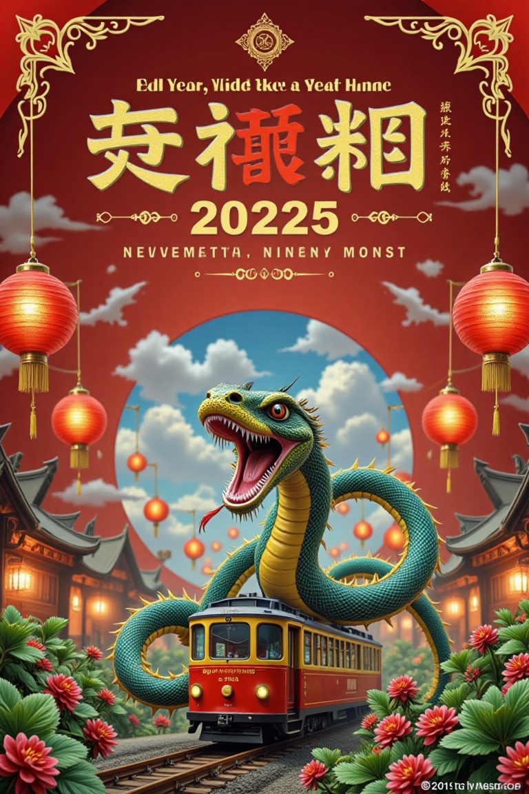 A vibrant Chinese New Year poster celebrating the Year of the Snake like-python. The centerpiece features a CableCar. The...