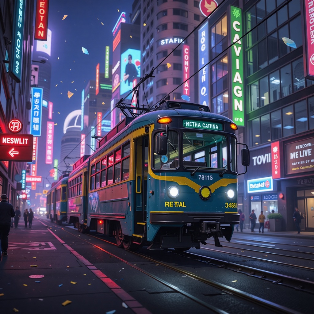 A photorealistic CableCar in a futuristic neon colors,  sparkle material. Her meta parts are glowing,  background is a vib...