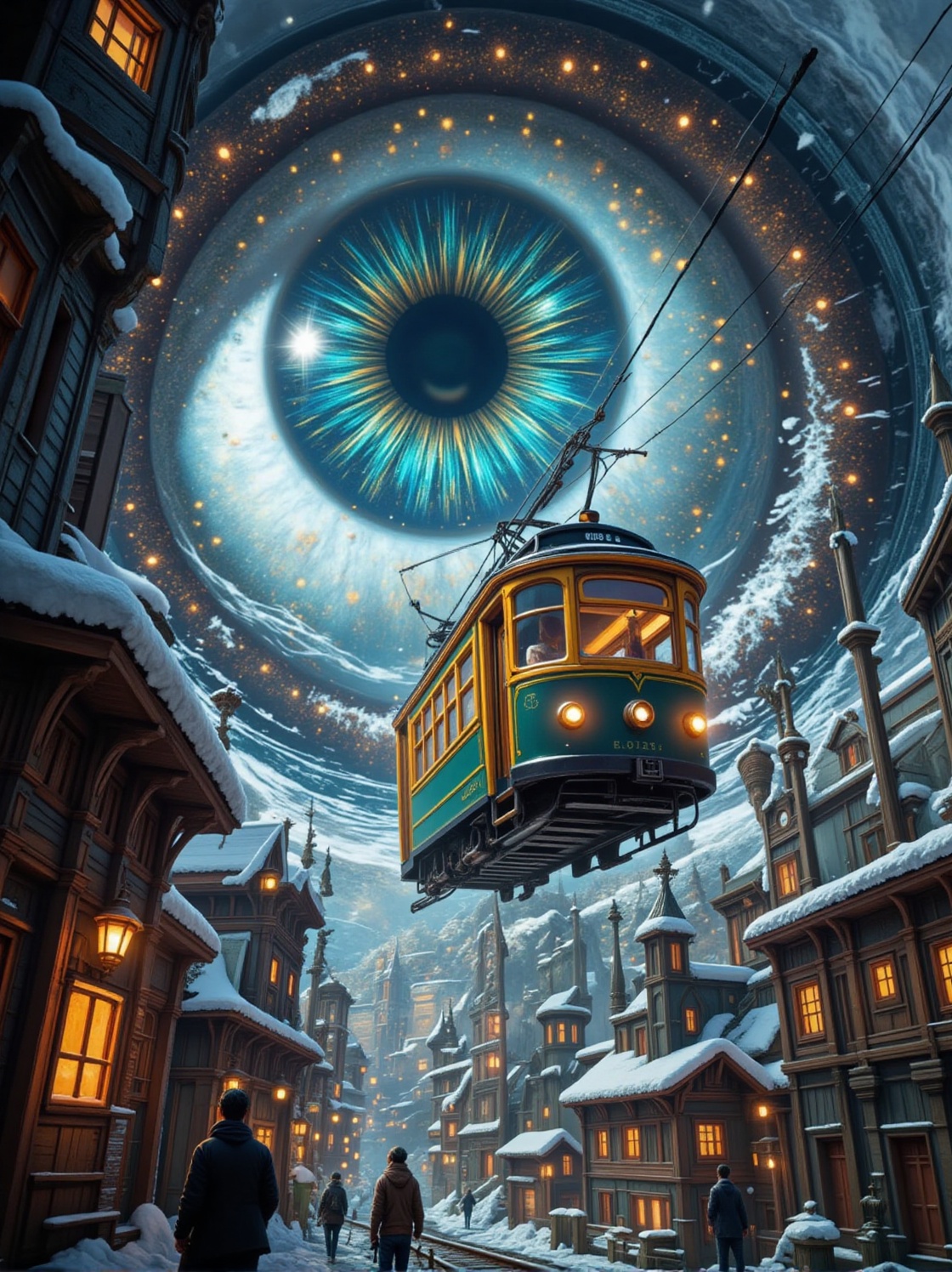 A fantastical CableCar running out from inside of a big eyeball on Tensor.Art