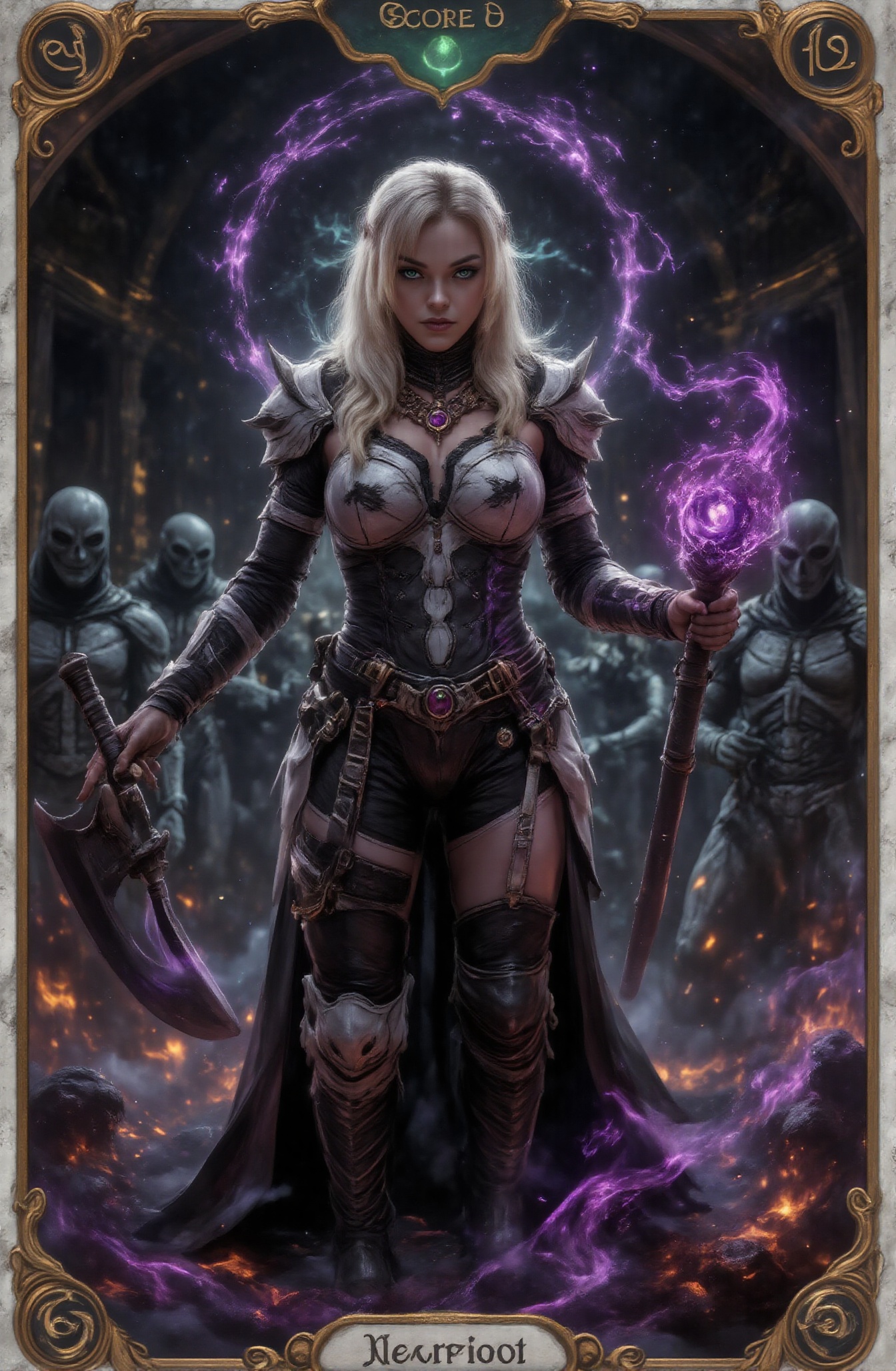 Score_9 is a tarot card that tells the story of a necromancer preparing for battle in a dark amphitheater. The name "Necro...