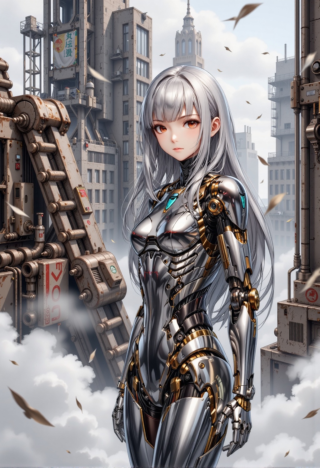 In the background,  a complex,  high-rise cityscape with industrial-looking buildings unfolds. The buildings are old and i...