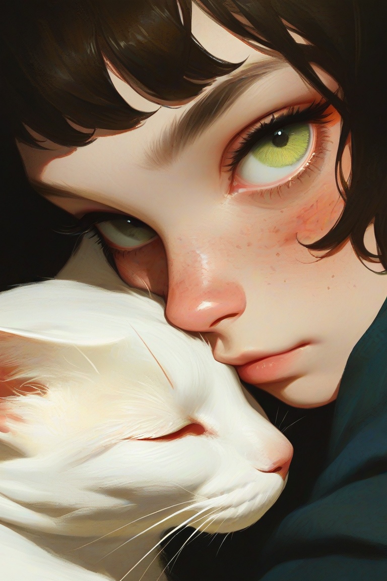 animaport (1girl),  looking at viewer short hair brown hair black hair closed mouth green eyes closed eyes eyelashes lips...