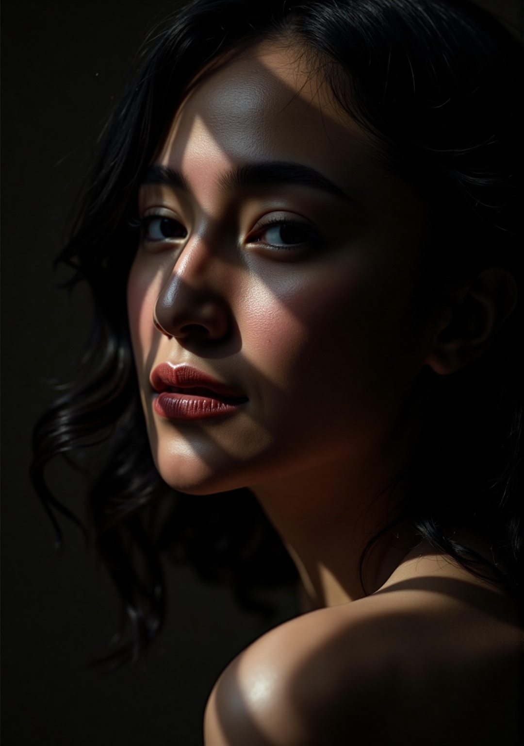 An atmospheric noir portrait of a young woman where diffused window light wraps around facial features with painterly prec...