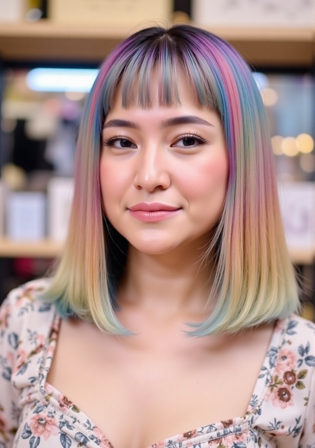 This is a photograph of a young Asian woman with fair skin and a soft,  oval face. She has straight,  shoulder-length hair...