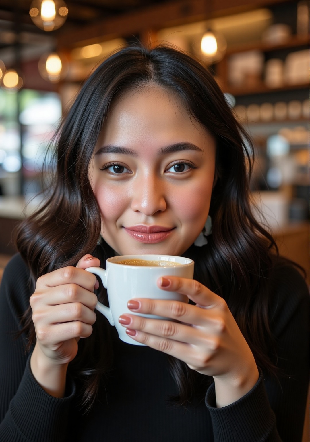 portrait photography of a young 20 year old woman,  with natural makeup,  holding a cup of coffee in a famous coffee shop...