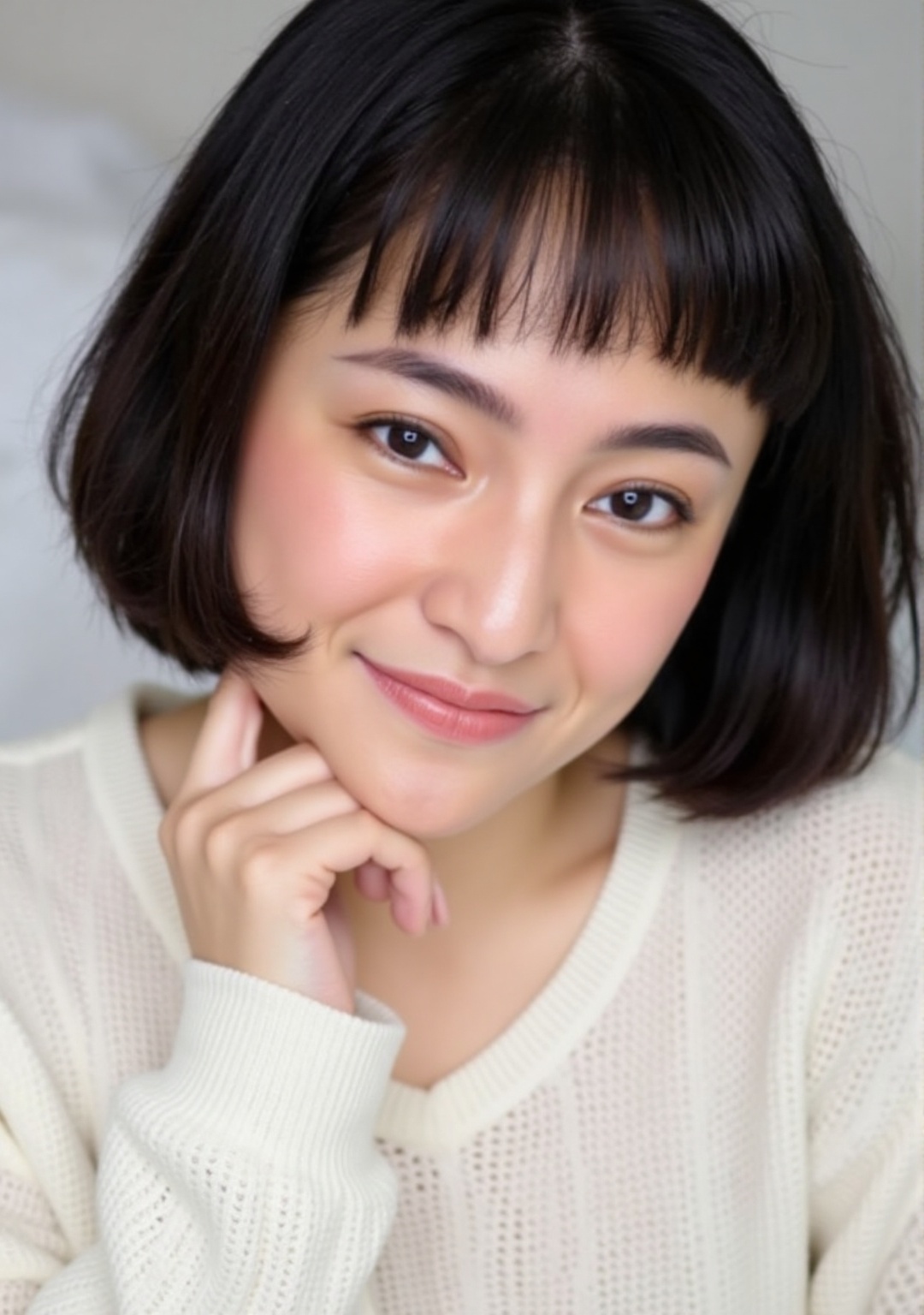 The image is a photograph of an Asian woman with fair skin and a delicate,  youthful complexion. She has dark brown hair s...