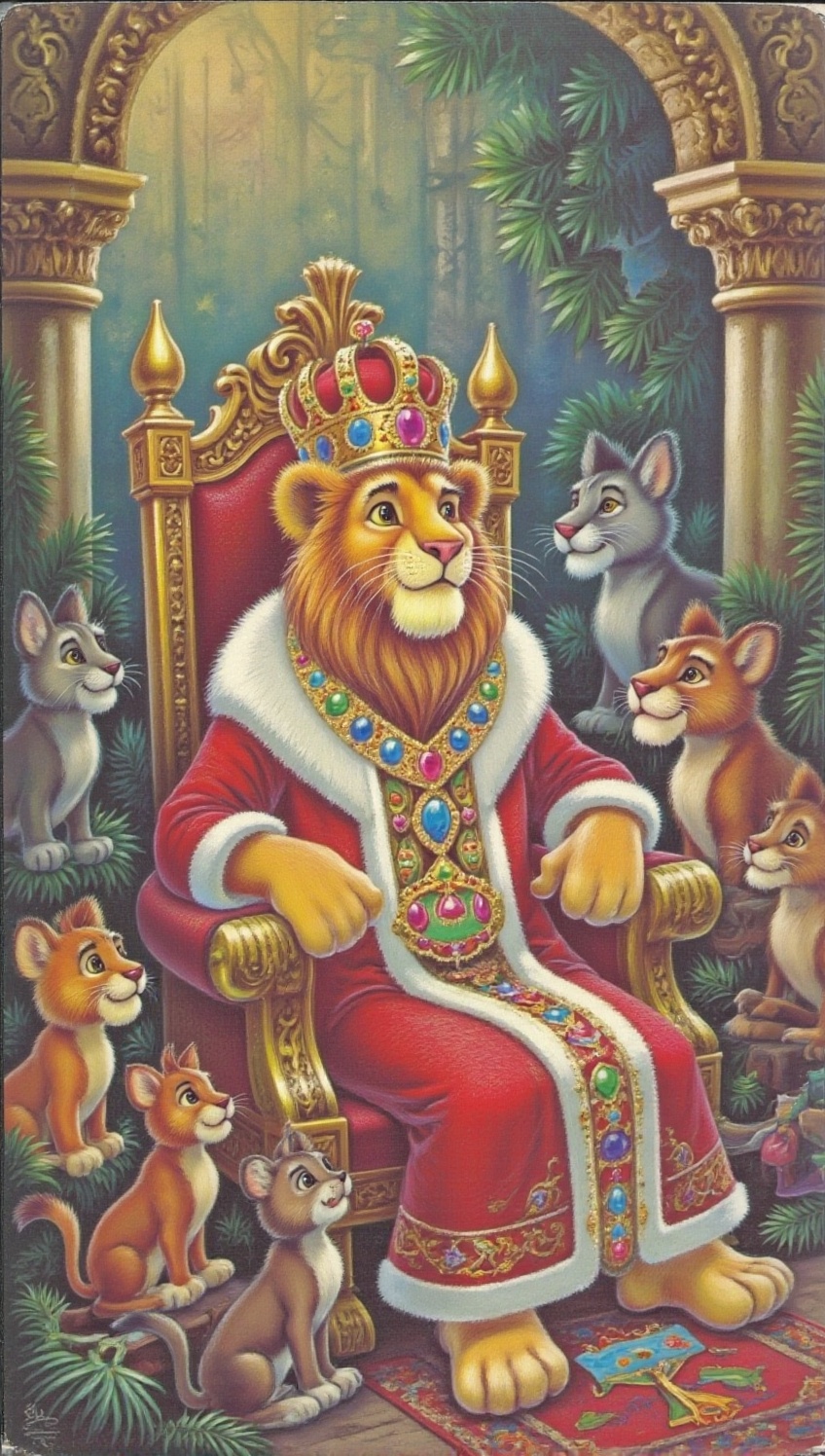 The Lion King in his royal robe and crown with precious stones. The Lion King's clothes look expensive and are decorated w...