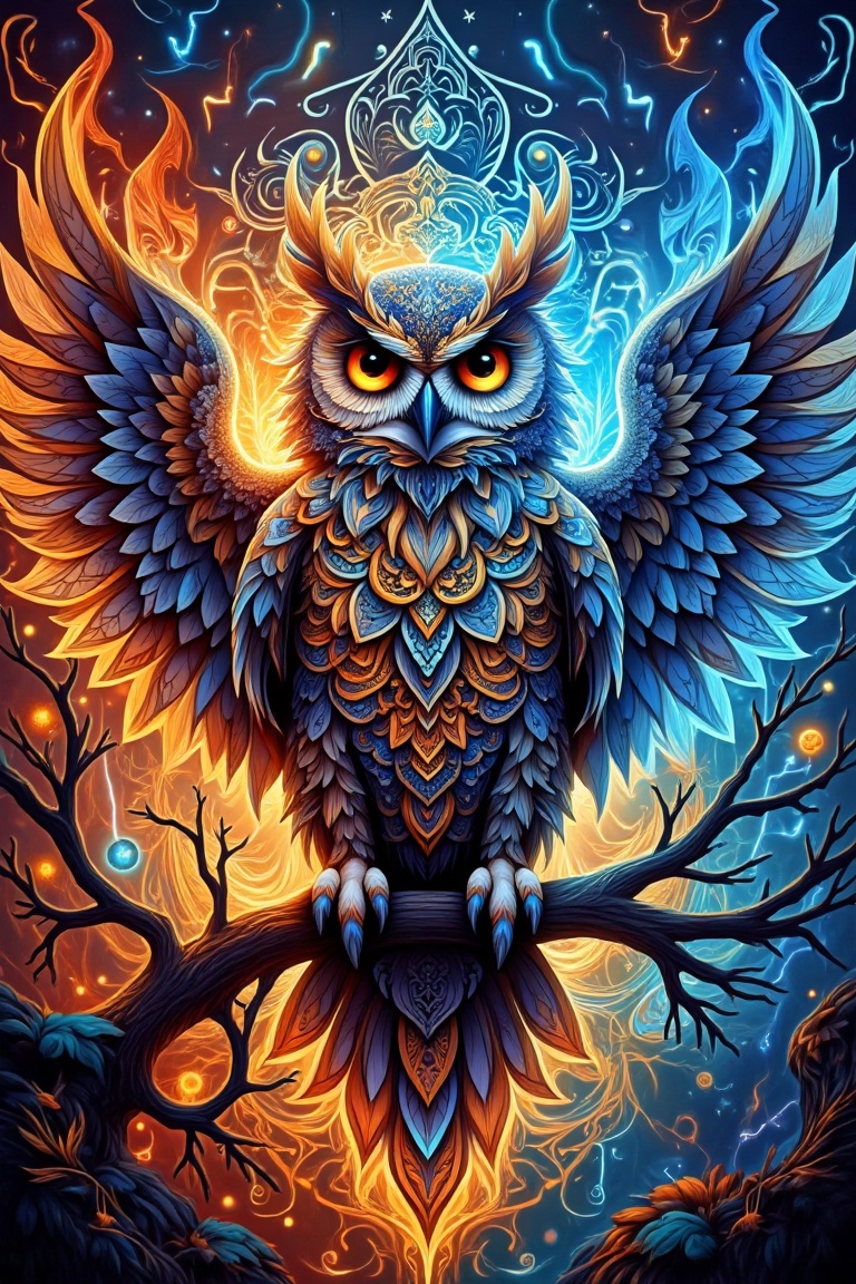 Mandala art style,  a majestic owl with fiery and electrifying mandala effects. The owl is perched with wings spread,  its...