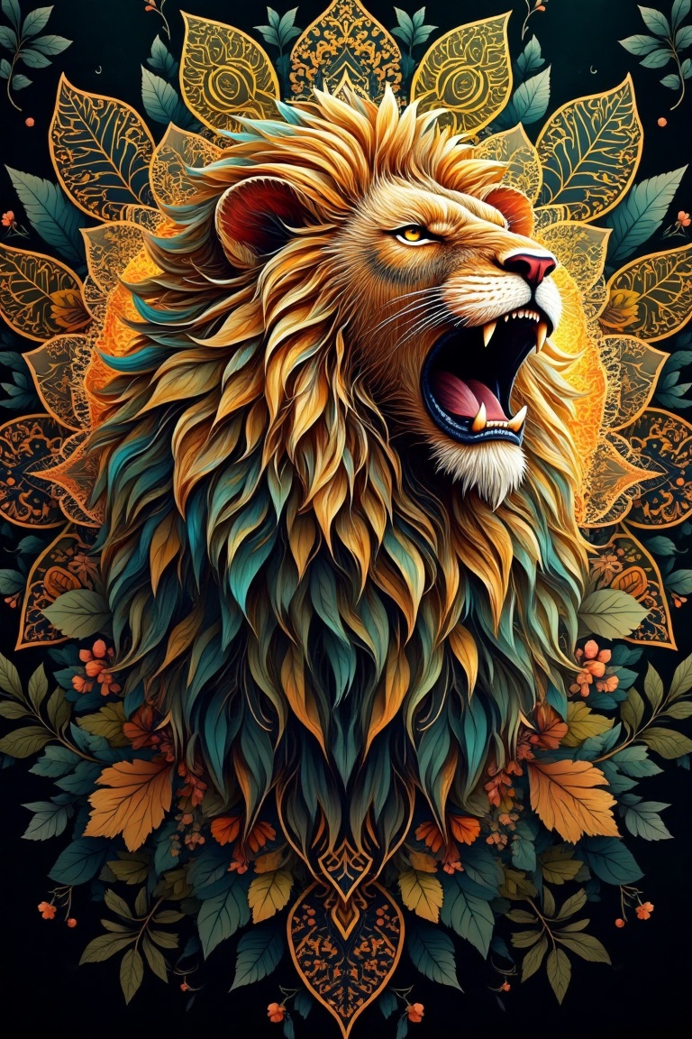 Mandala art style,  a majestic lion's face roaring with intense detail,  surrounded by intricate mandala patterns formed f...