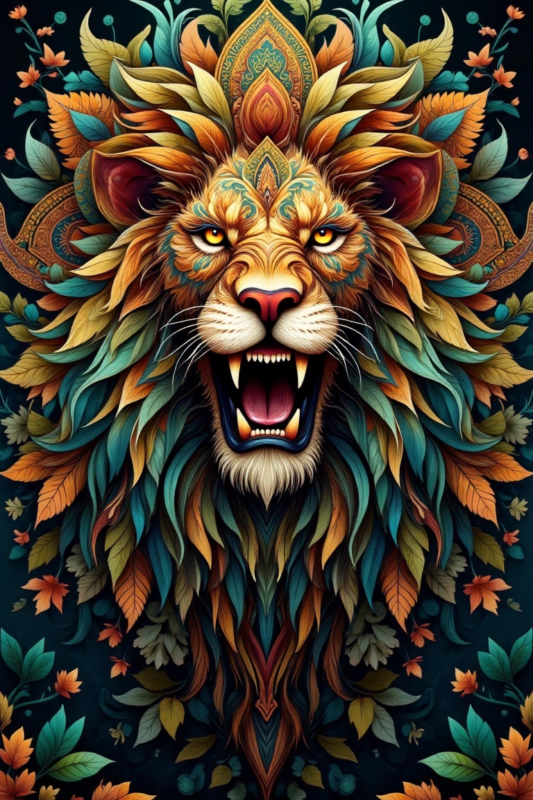 Mandala art style,  a majestic lion's face roaring with intense detail,  surrounded by intricate mandala patterns formed f...