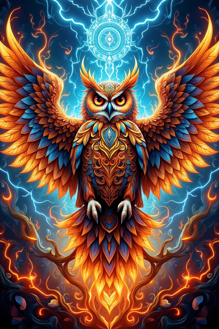 Mandala art style,  a majestic owl with fiery and electrifying mandala effects. The owl is perched with wings spread,  its...