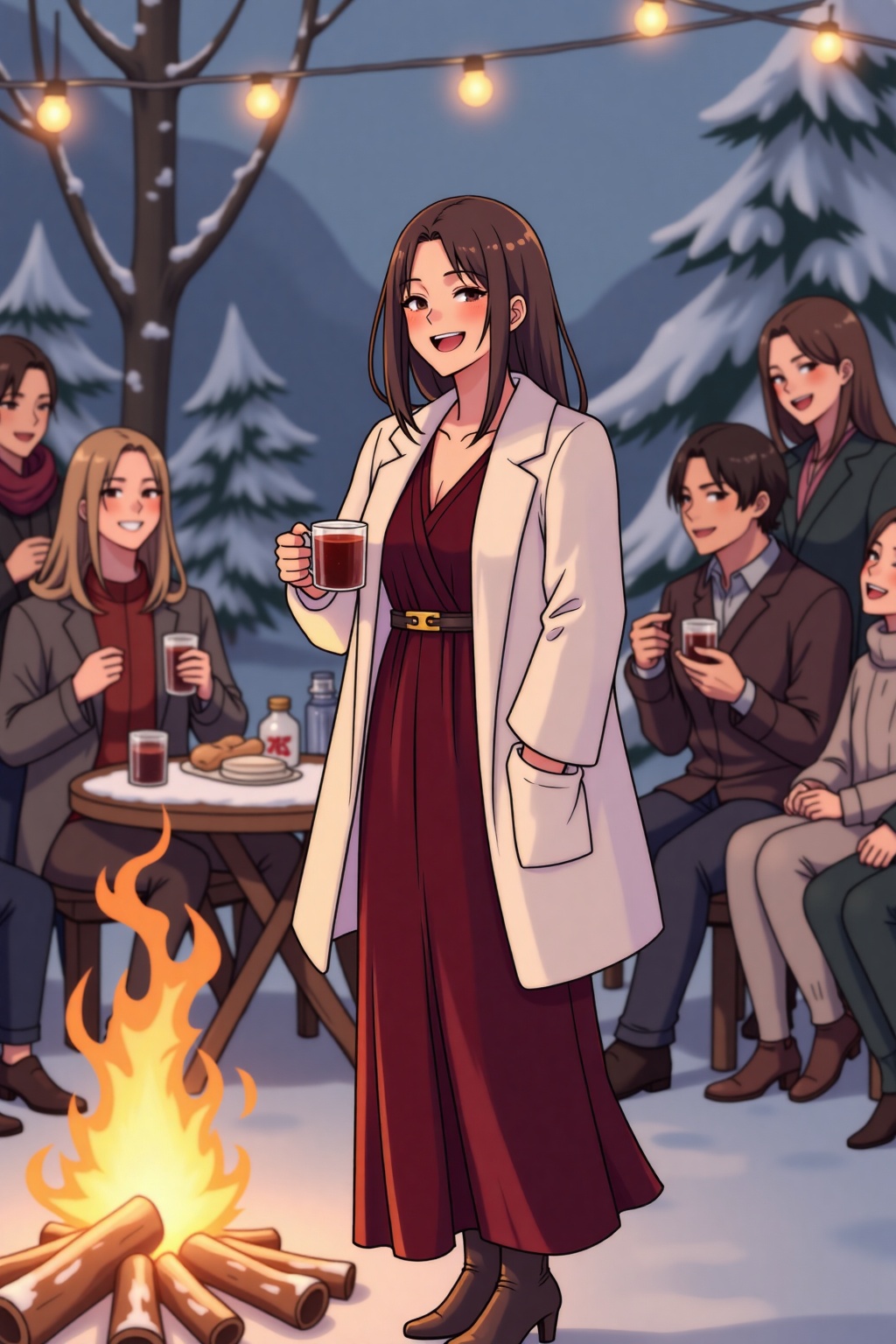 hanaaoki,  a young woman dressed in an elegant winter party outfit: a long-sleeved velvet dress,  white faux fur shawl on...