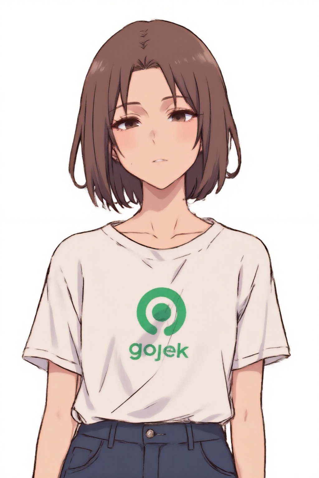 anime_style drawing anime of hanaaoki with brown short hair,  wear a white t shirt and blue jeans. The t shirt has a green...