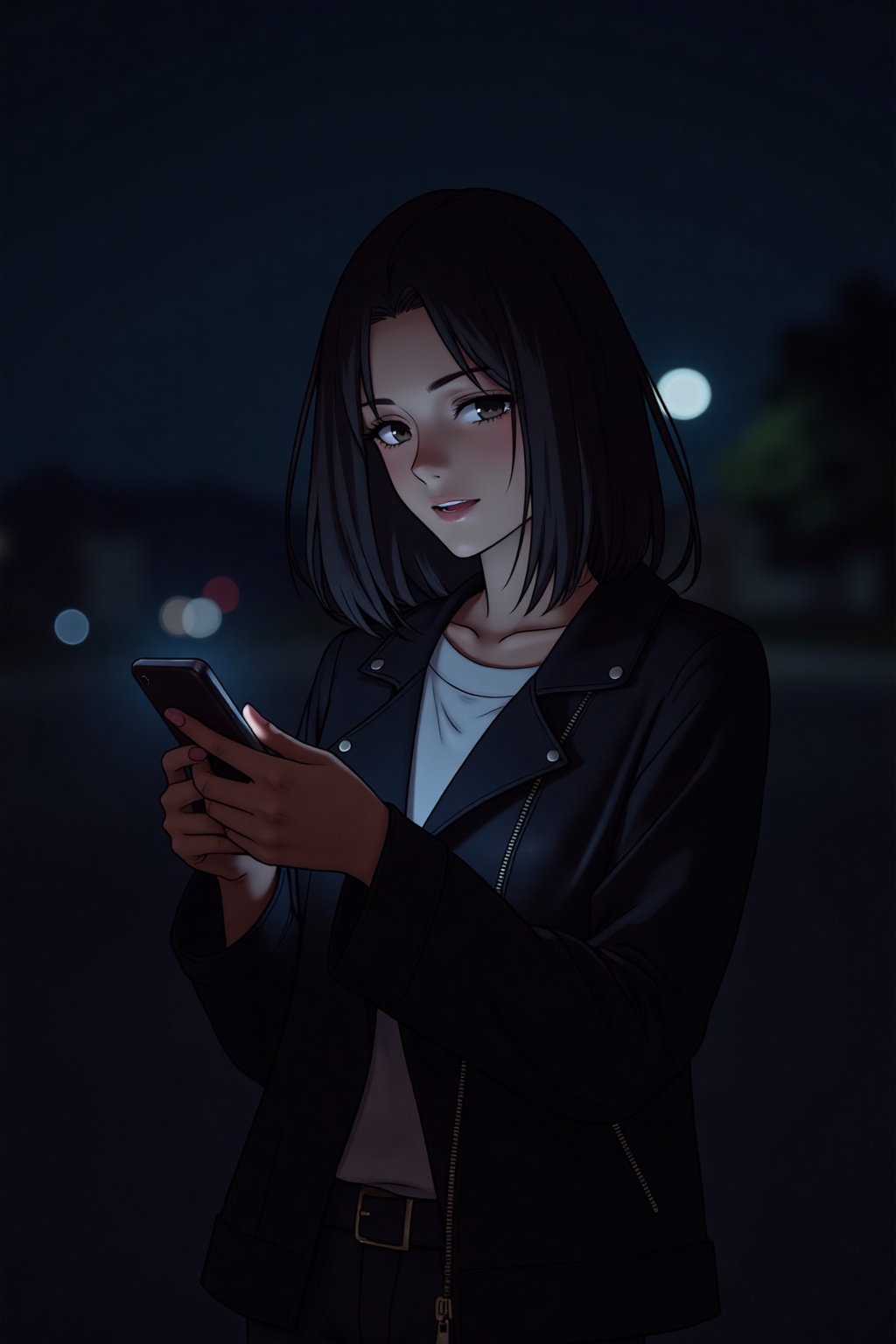 hanaaoki,  a young woman wearing leather jacket,  watch phone in the dark of environment on Tensor.Art