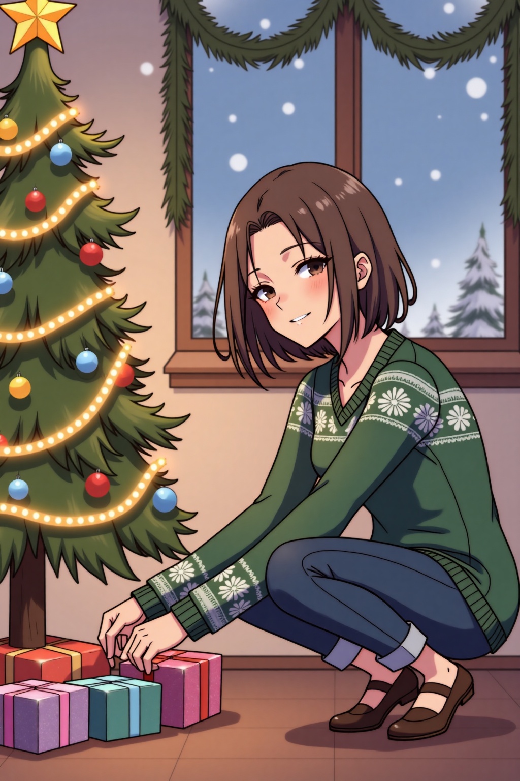 Hanaaoki,  a young woman with short brown hair,  crouching beside a beautifully decorated Christmas tree. She is dressed i...