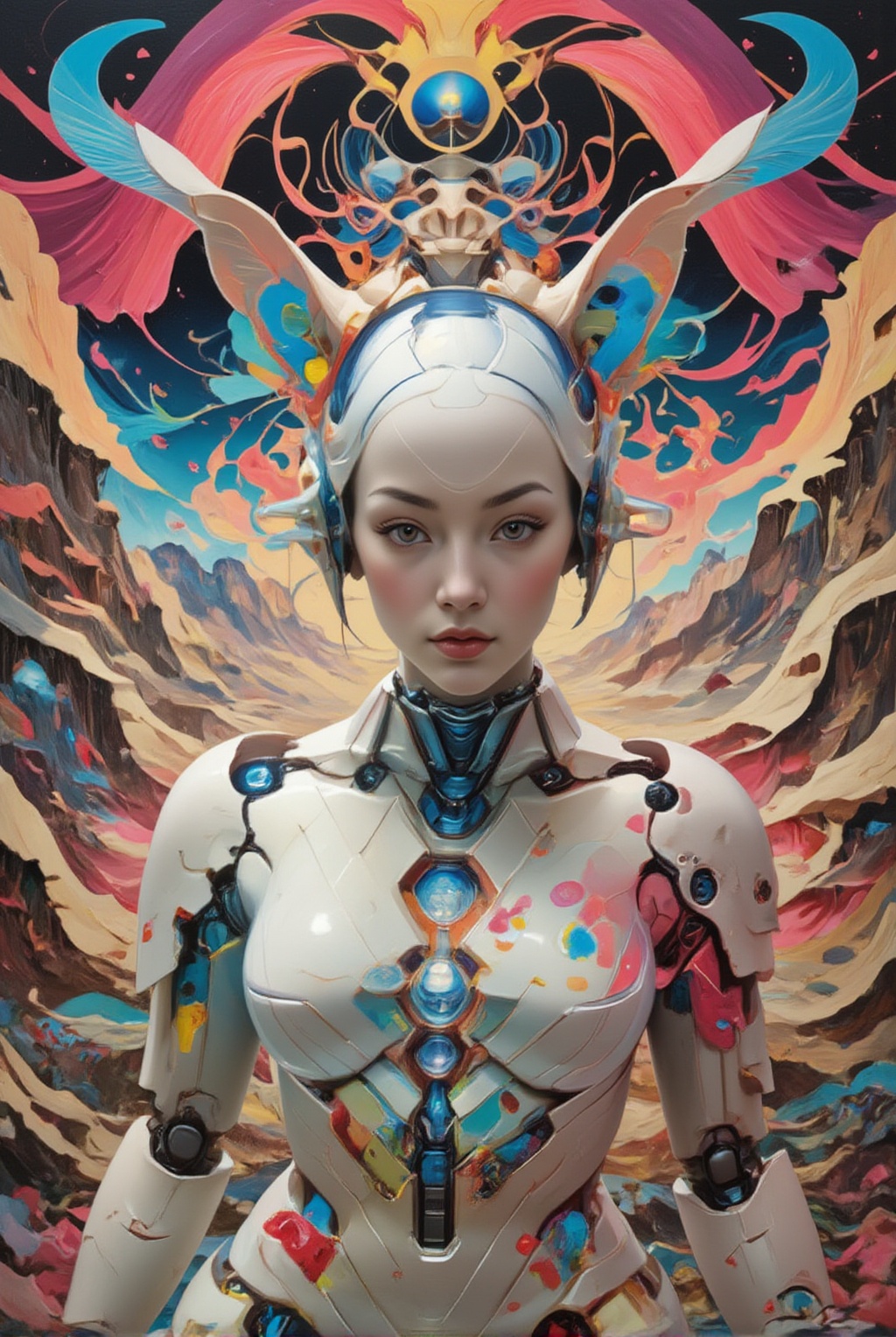 A surreal montage of psychedelic realms converges in a kaleidoscope of colors and textures. Realistic photographic portrai...