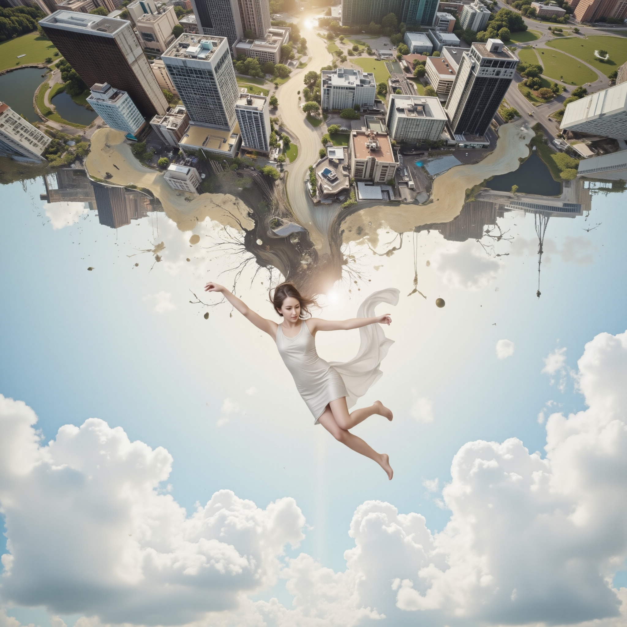 A surreal masterpiece: a solo 1-girl artwork. The frame is dominated by an upside-down cityscape at the top,  with ground...