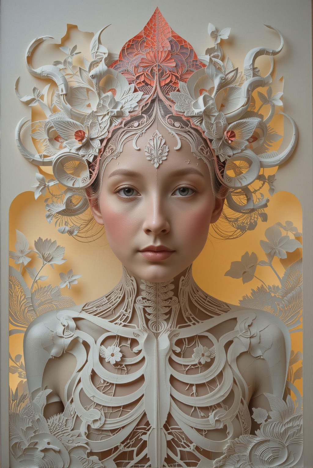 A hyperrealistic photography of a Caucasian girl's face with a creature,  reminiscent of James Christensen's style. The su...
