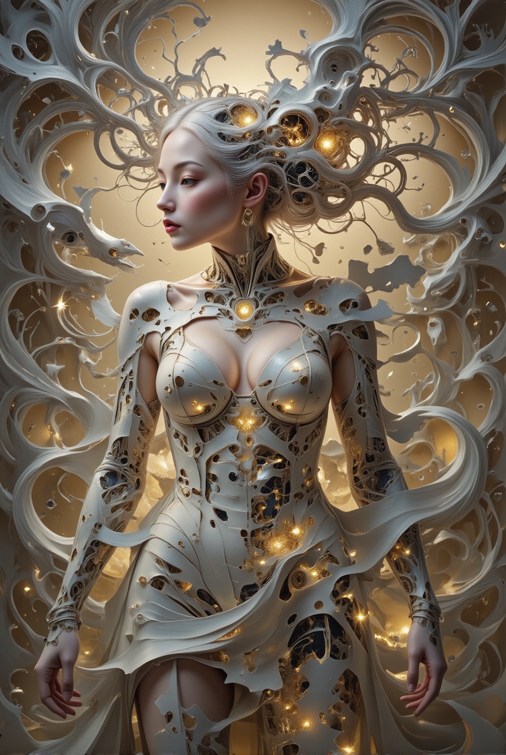 A captivating still life photograph captures Puzzle Pieces,  a digital artwork featuring a tranquil female model adorned i...