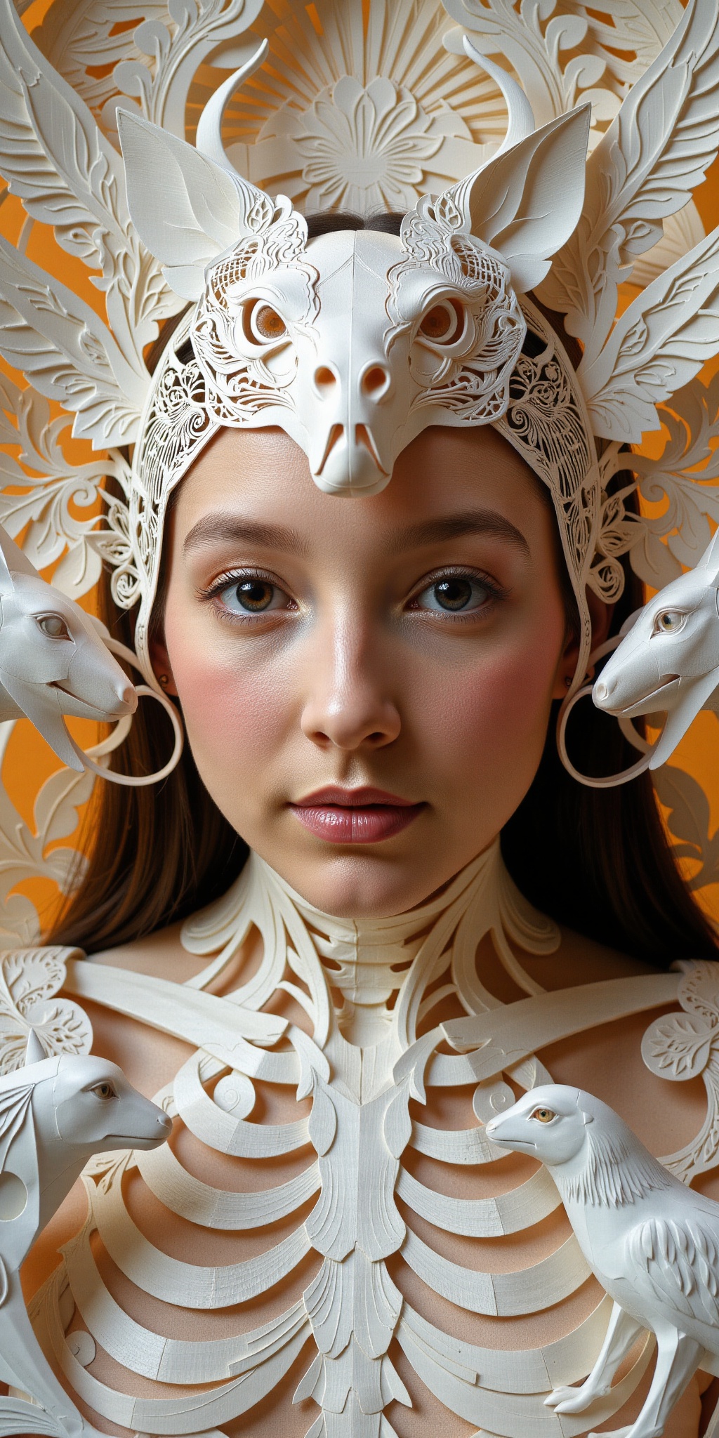 A hyperrealistic photography of a Caucasian girl's face with a creature,  reminiscent of James Christensen's style. The su...