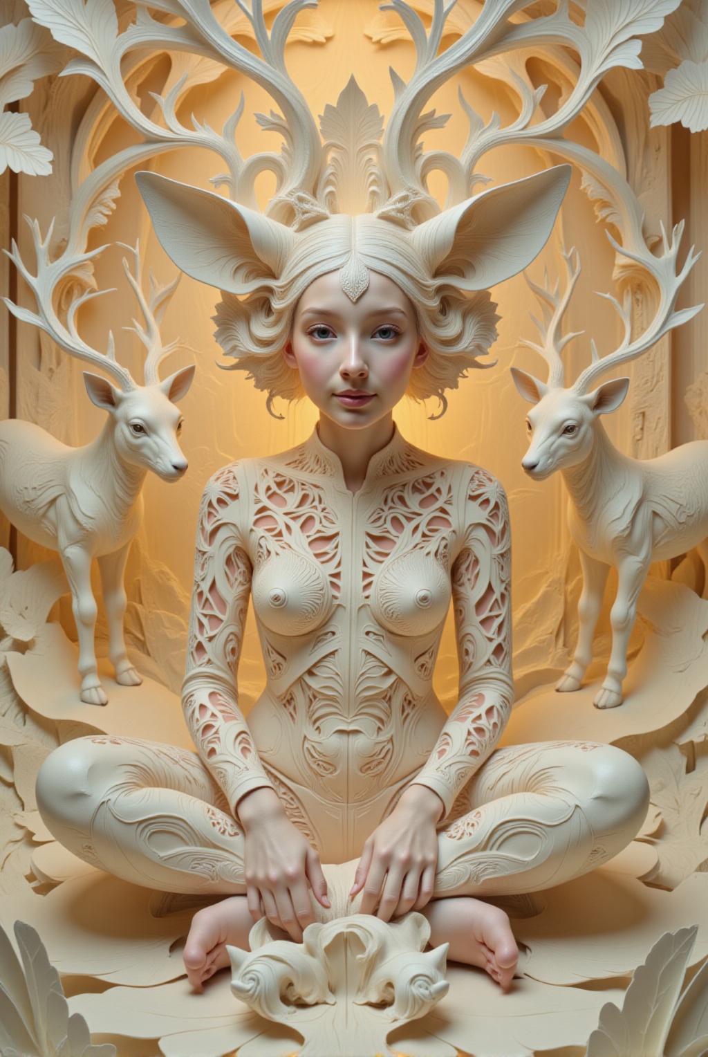 A hyperrealistic photography of a Caucasian girl's face with a creature,  reminiscent of James Christensen's style. The su...