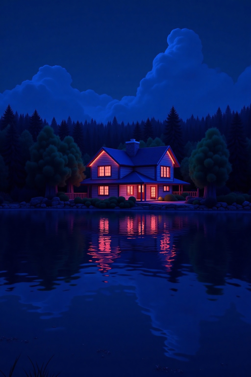 neonlight1 A house beside the lake at night. on Tensor.Art