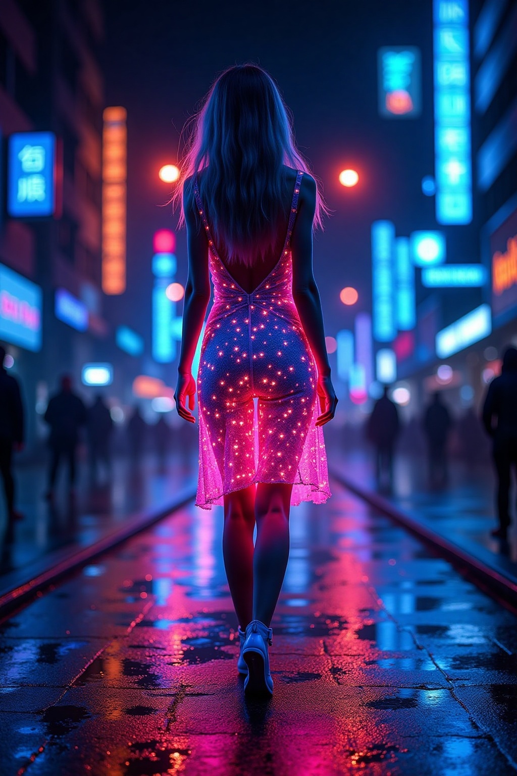 neonlight1 A woman in a minidress walking at night on Tensor.Art