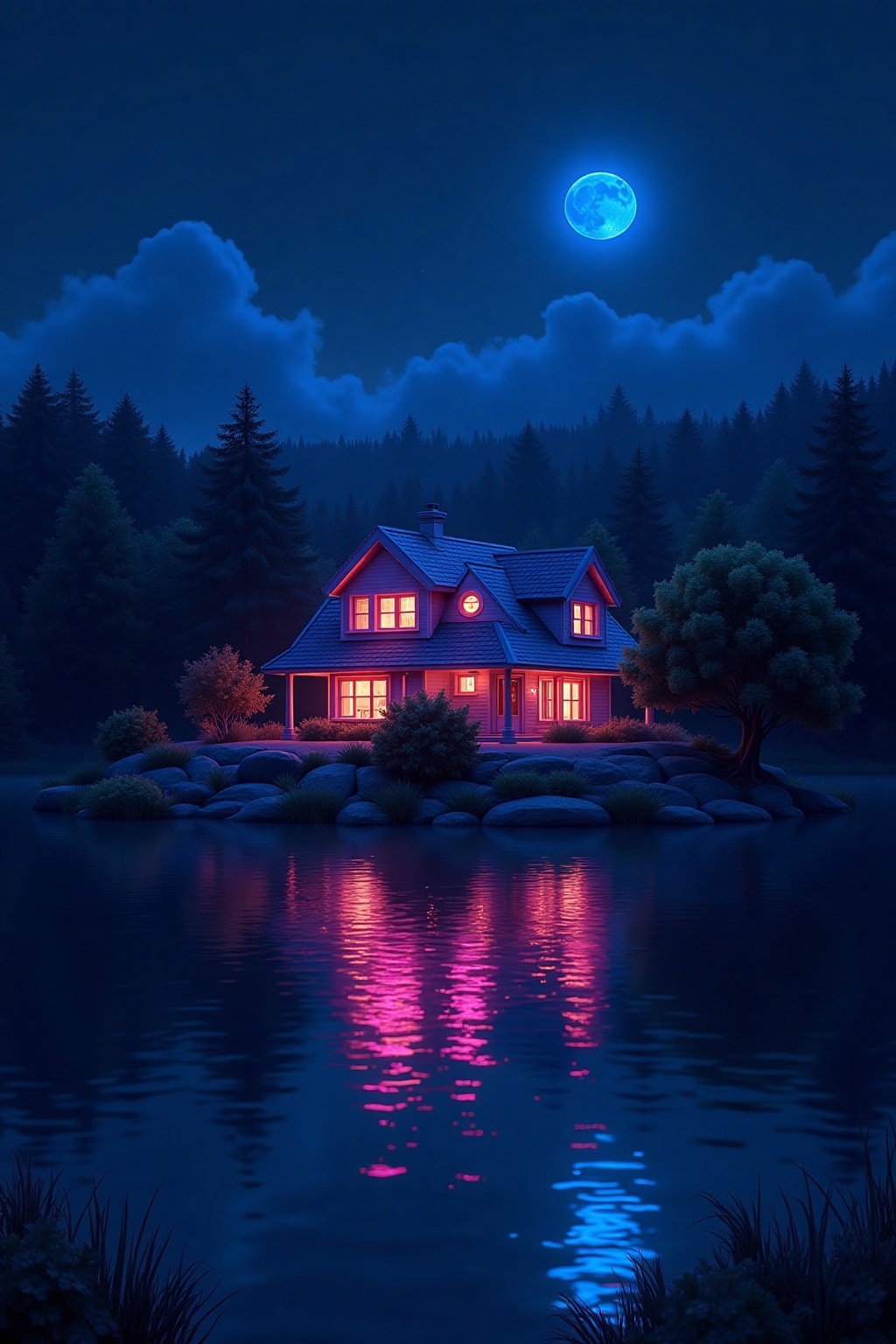 neonlight1 A house beside the lake at night. on Tensor.Art