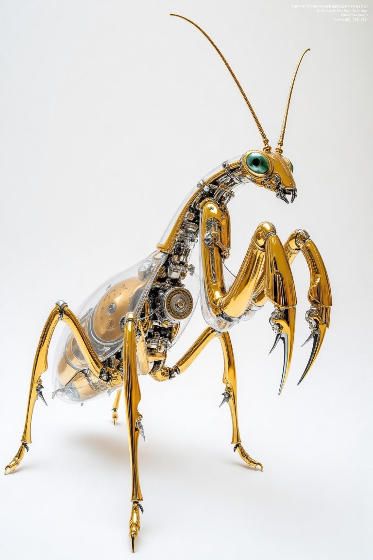 "As I gaze upon the futuristic biomechanical mantis,  I am struck by the intricate dance of transparent materials and meta...