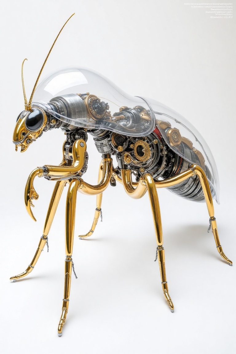 "Design a futuristic biomechanical exoskeleton with a transparent and glossy finish,  showcasing a steampunk-inspired aest...