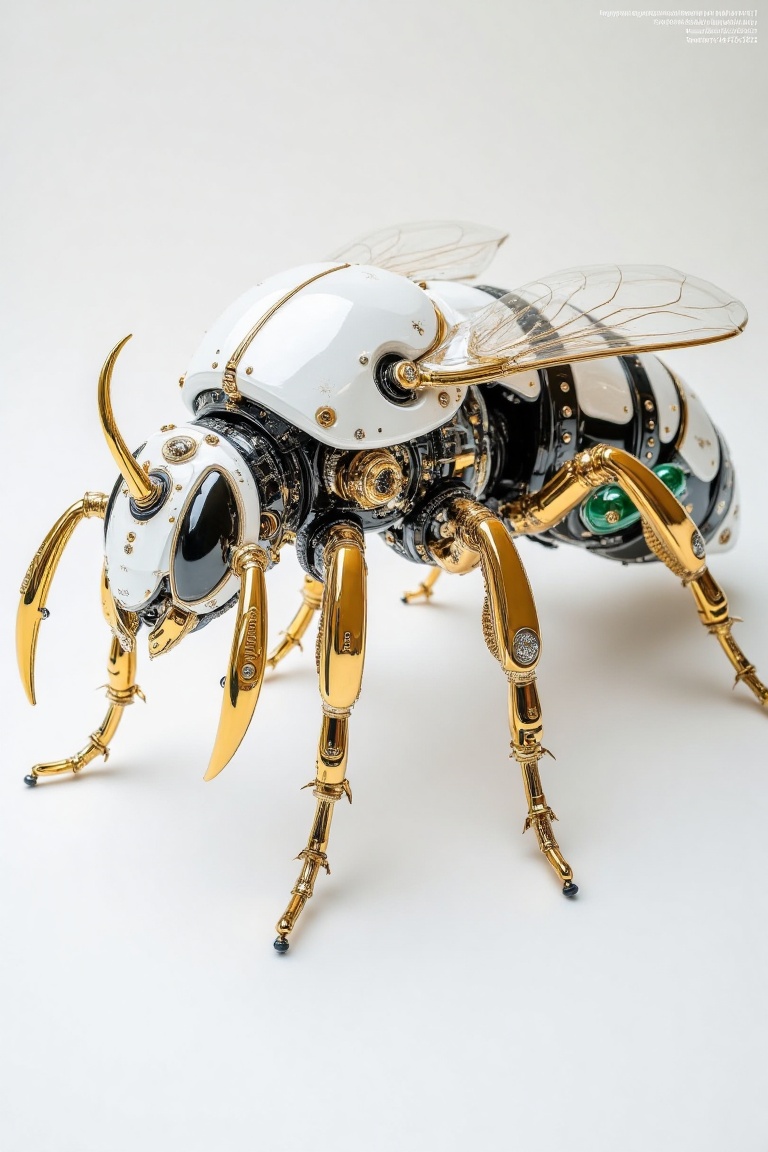 biomechanical style Create an intricate image of a mechanical bee in extreme close-up,  showcasing its matte white and gol...