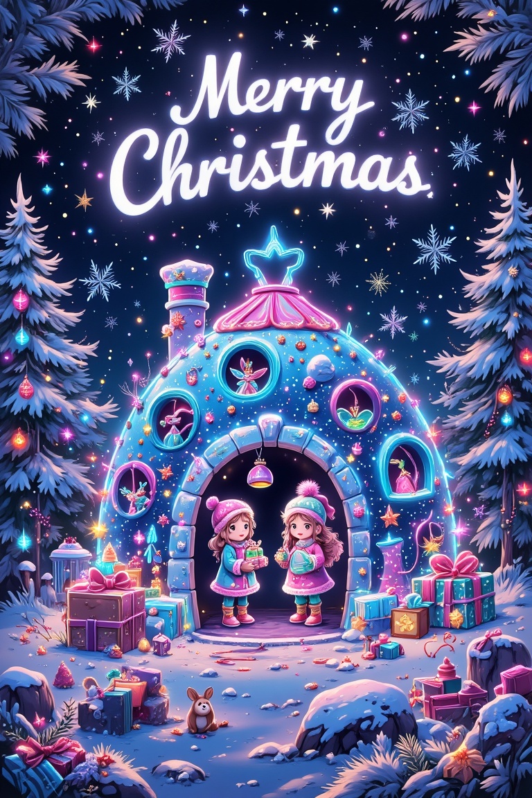 "A magical Christmas card featuring a glowing neon igloo surrounded by sparkling snowflakes in a frosty meadow. Inside,  t...