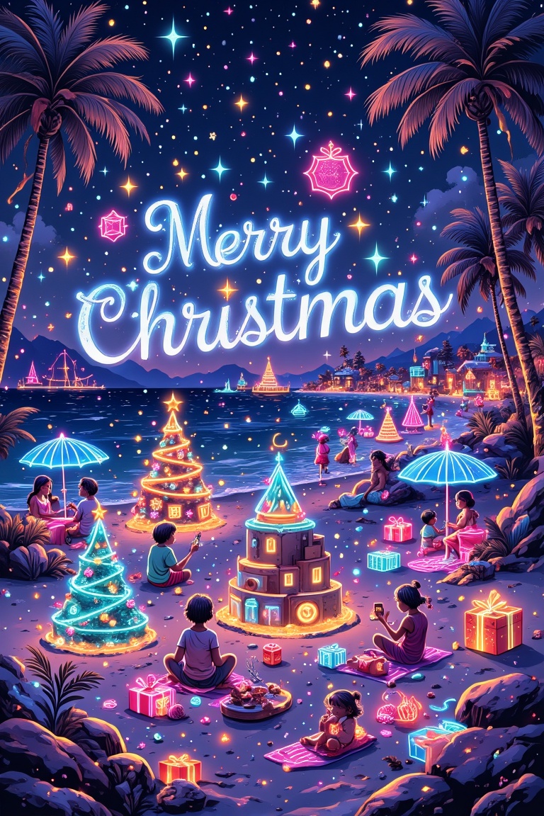 "Design a vibrant Christmas card showing a snowy beach with glowing neon sandcastles shaped like Christmas trees and stars...