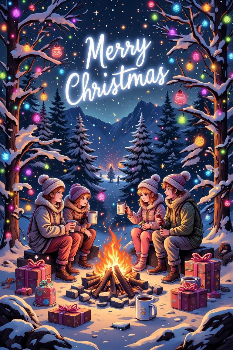 "A heartwarming Christmas card featuring a snowy forest scene with a group of friends enjoying a bonfire. Neon fairy light...