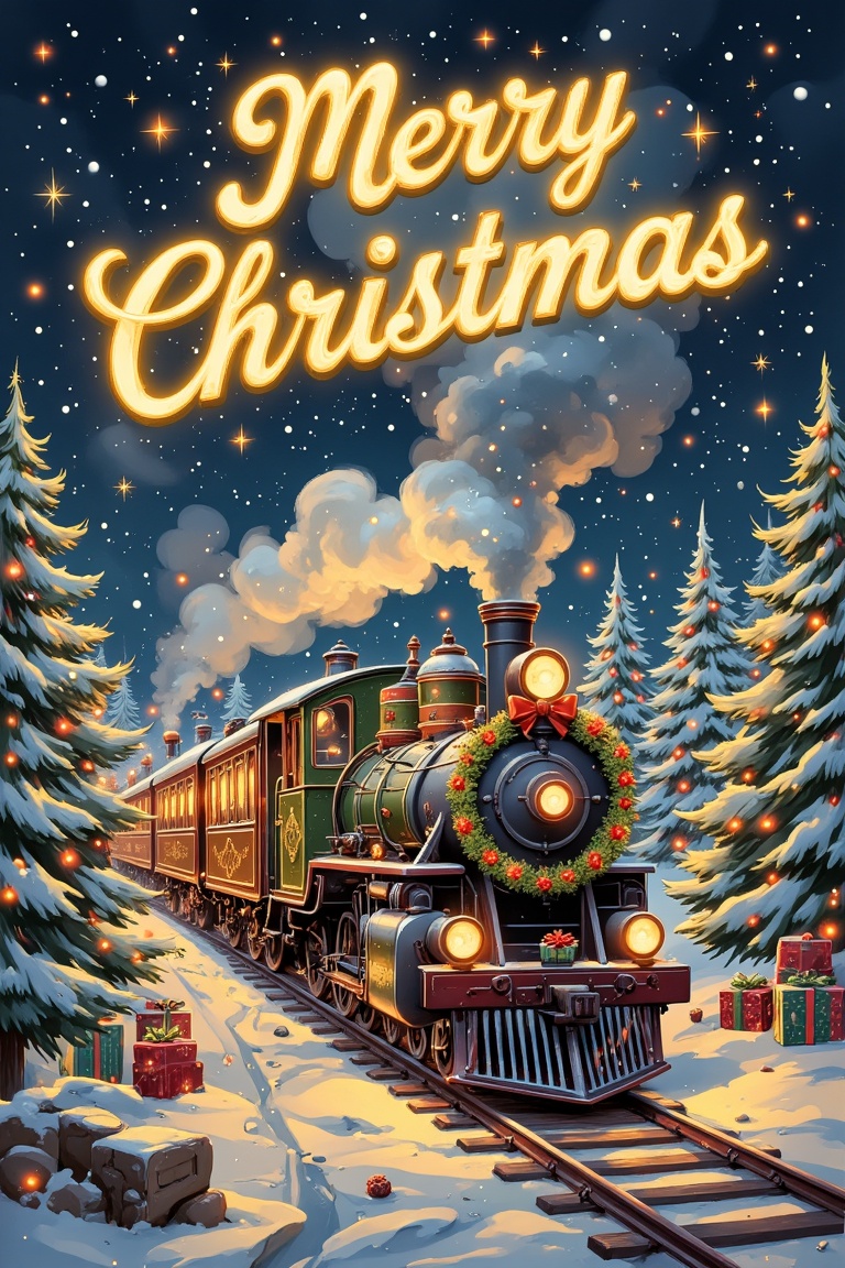 "Design a charming Christmas card depicting a vintage train traveling through a snowy countryside during the day. The trai...