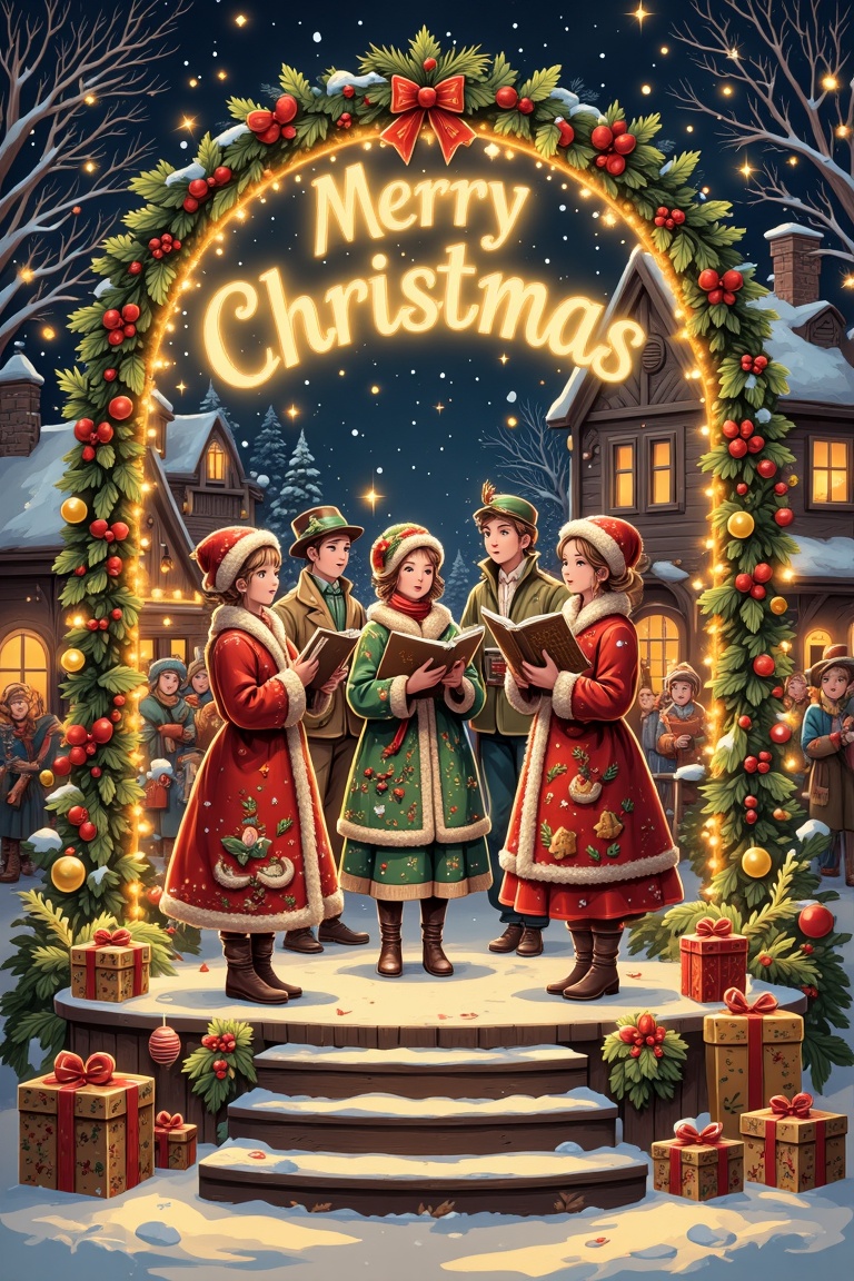 "Create a festive Christmas card showing a snowy outdoor concert in a village square. Carolers dressed in vintage winter c...