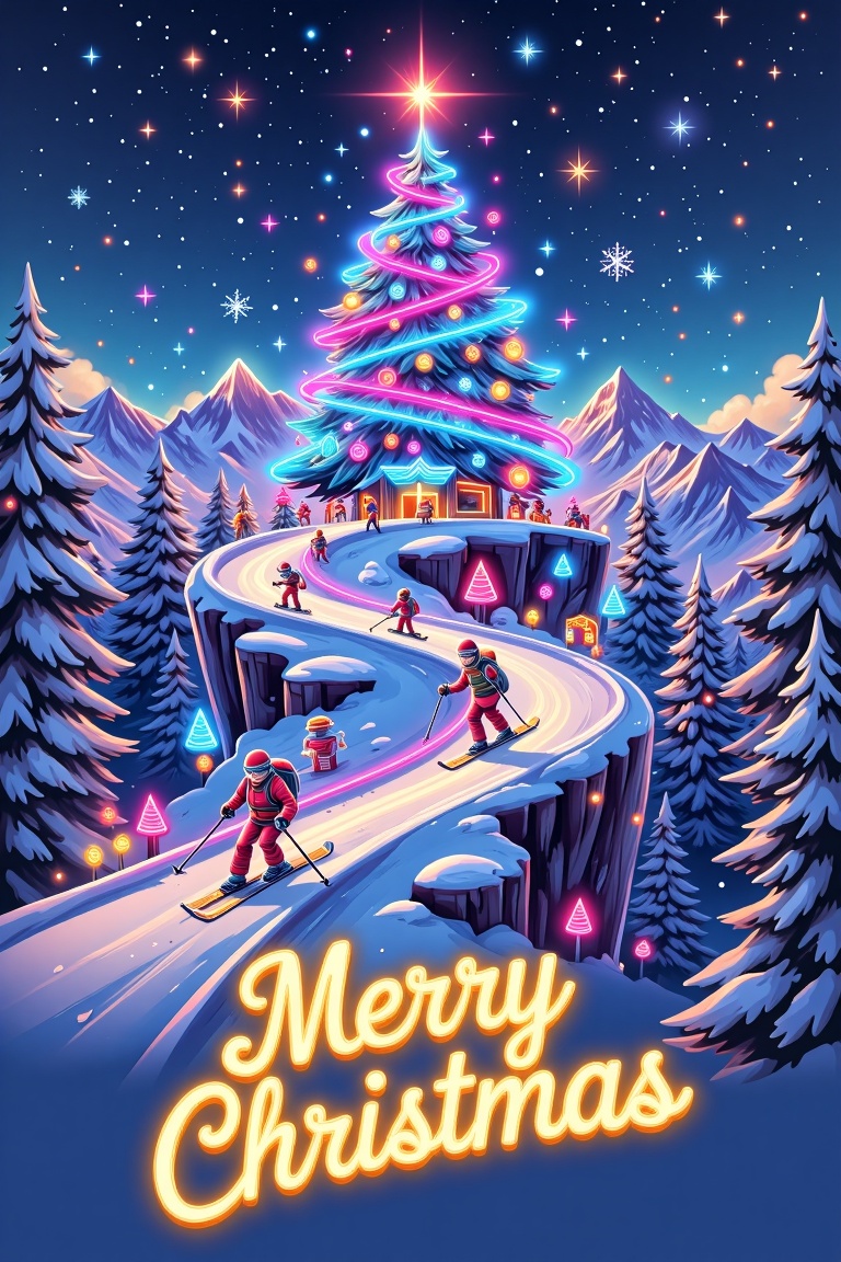 "A stunning Christmas card featuring a glowing neon Christmas tree at the top of a snowy ski slope. Skiers glide down the...
