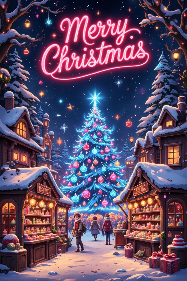 "Create a magical Christmas card depicting a snowy marketplace lit by glowing neon signs and fairy lights. Stalls selling...