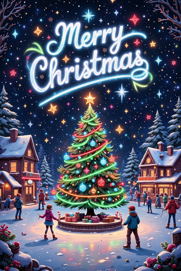 "Create a whimsical Christmas card showing a glowing neon tree in the center of a snowy outdoor ice rink. Skaters circle t...